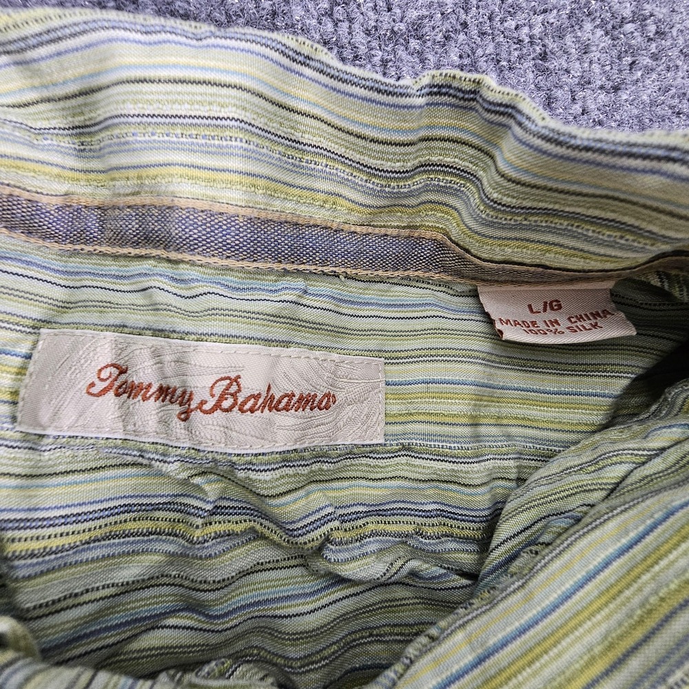 Tommy Bahama Shirt Mens Large Green Blue Striped 100%‎ Silk Short Sleeve Casual - Picture 2 of 7